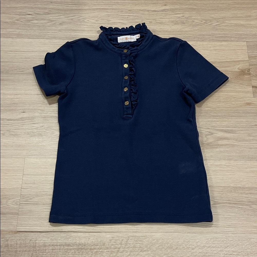 Tory Burch Navy Ruffle Trim Blouse